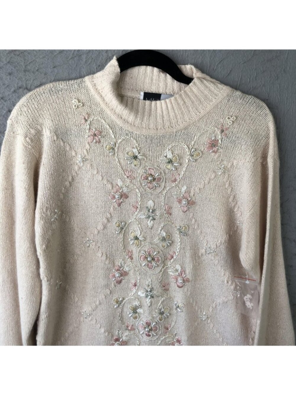 Vintage Beldoch Popper Sweater Tunic Womens L Cream Silk Angora Beaded Floral - Picture 11 of 16